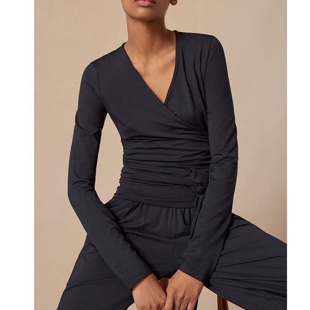 ME+EM Ballet Self Tie Stretch Jersey Wrap Top 8 Navy Blue Minimalist Balletcore